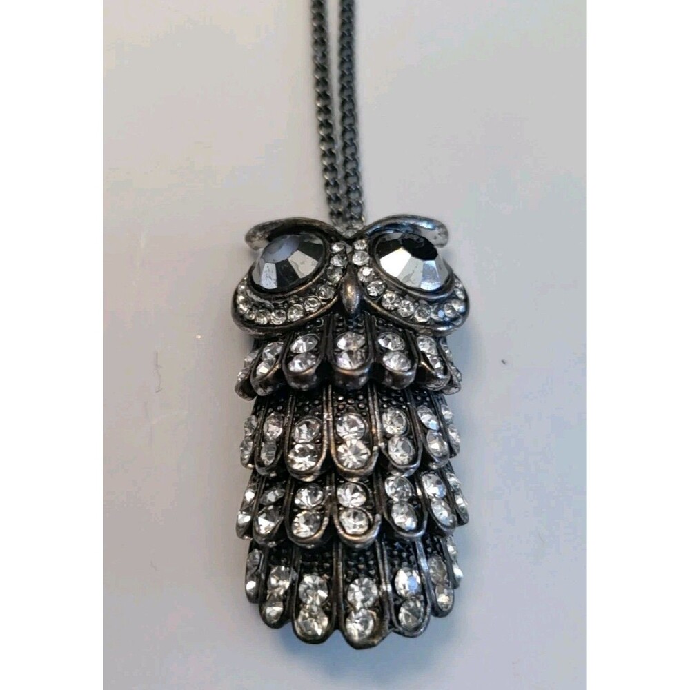 Silver Tone & Crystal Flexible Body Owl Necklace Vintage 18"  Chain